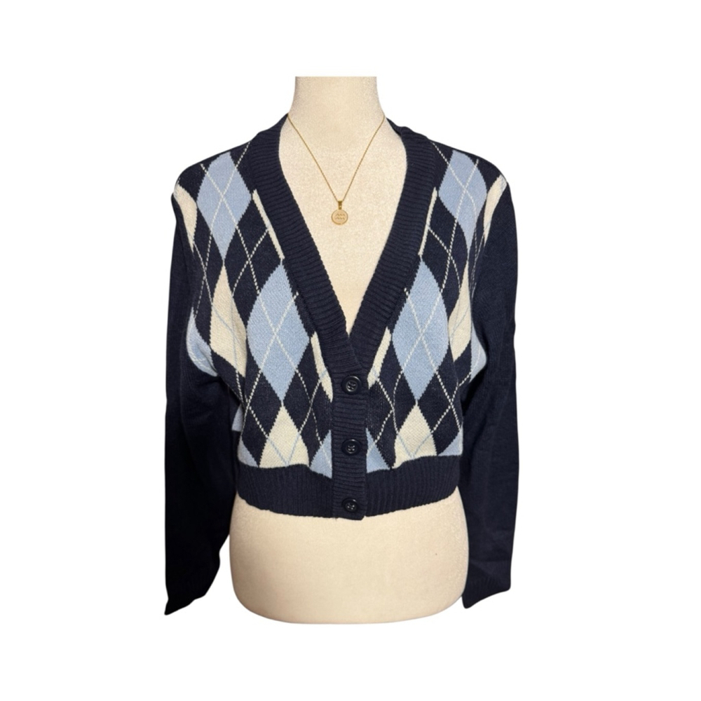 Size M Women’s H&M Navy & Light Blue Argyle Cropped Preppy Button Down Cardigan